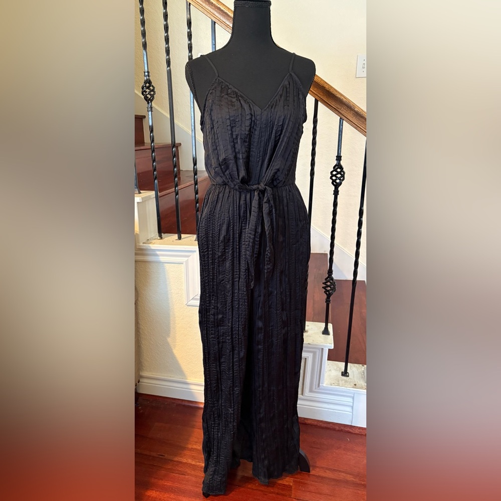 Express: Crinkle Satin V-Neck Sleeveless Tie Front Wide Leg Jumpsuit